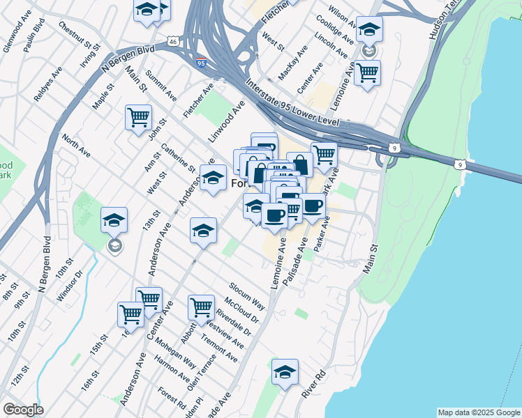 map of restaurants, bars, coffee shops, grocery stores, and more near 214 Main Street in Fort Lee