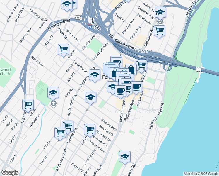 map of restaurants, bars, coffee shops, grocery stores, and more near 275 Hoym Street in Fort Lee
