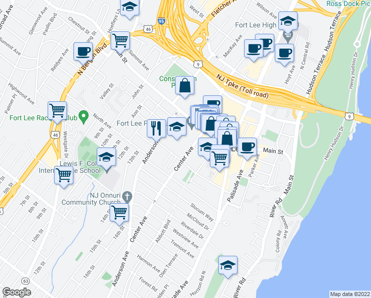 map of restaurants, bars, coffee shops, grocery stores, and more near 1605 Center Avenue in Fort Lee