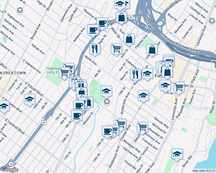 map of restaurants, bars, coffee shops, grocery stores, and more near 1526 11th Street in Fort Lee