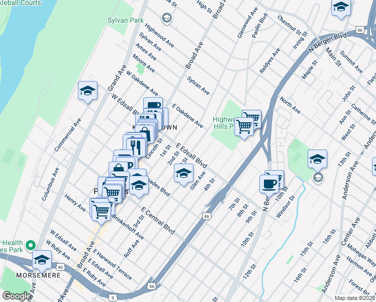 map of restaurants, bars, coffee shops, grocery stores, and more near 61 East Edsall Boulevard in Palisades Park