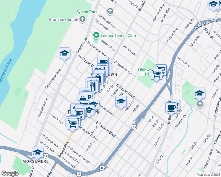map of restaurants, bars, coffee shops, grocery stores, and more near 466 1st Street in Palisades Park