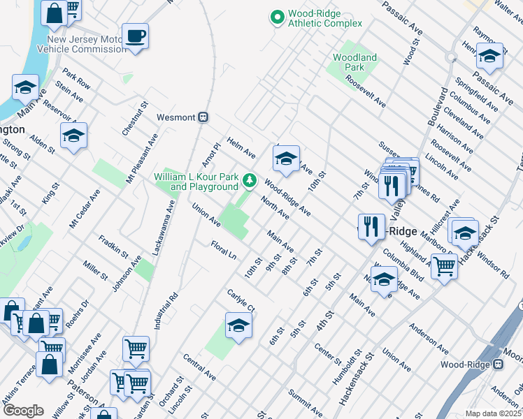 map of restaurants, bars, coffee shops, grocery stores, and more near 139 12th Street in Wood-Ridge