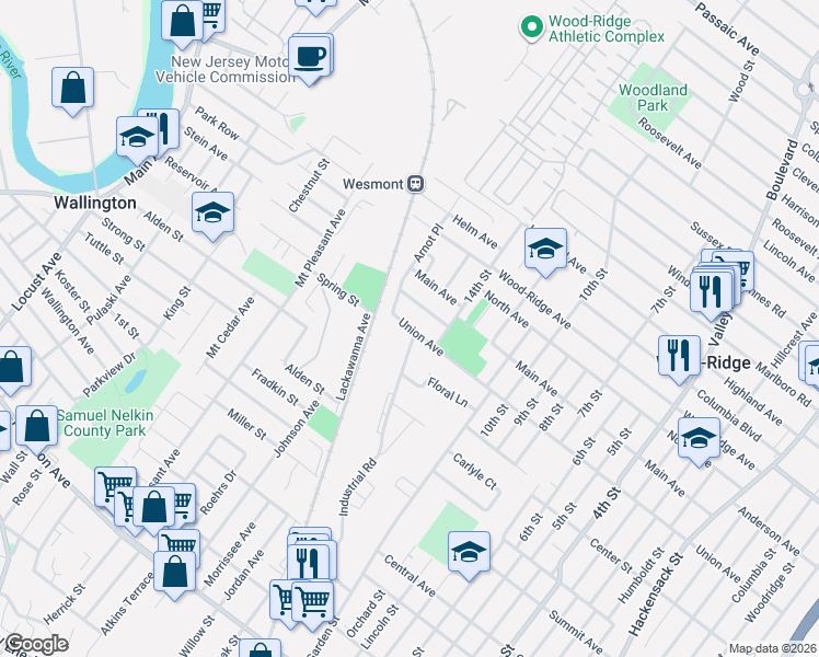 map of restaurants, bars, coffee shops, grocery stores, and more near 197 Union Avenue in Wood-Ridge