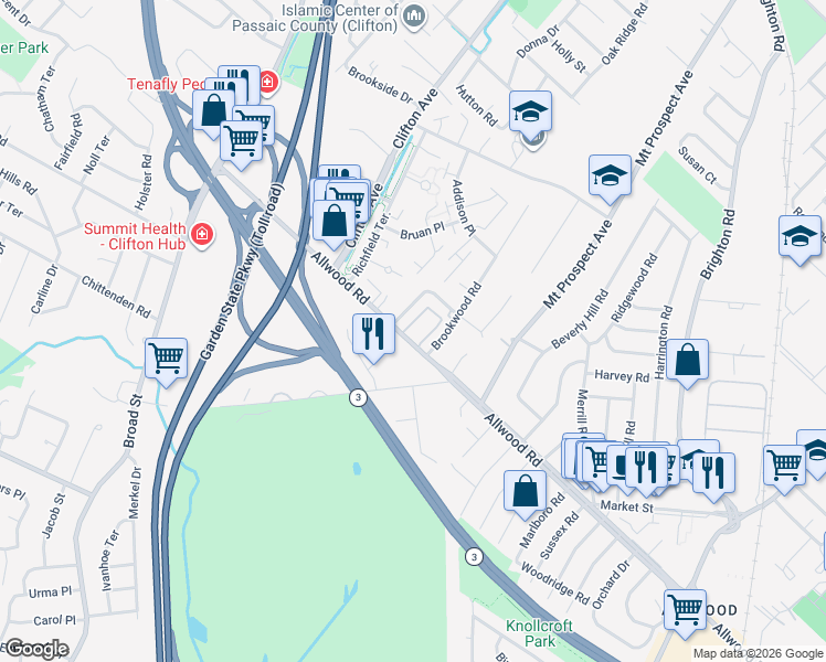map of restaurants, bars, coffee shops, grocery stores, and more near 866 Allwood Road in Clifton