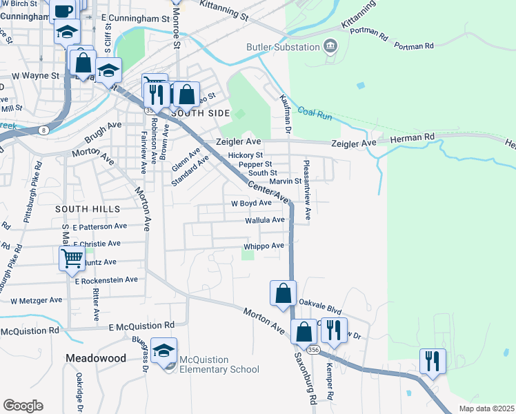 map of restaurants, bars, coffee shops, grocery stores, and more near 131 West Boyd Avenue in Butler