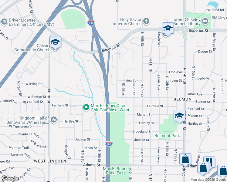 map of restaurants, bars, coffee shops, grocery stores, and more near 3943 North 7th Street in Lincoln