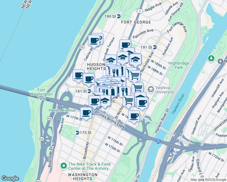 map of restaurants, bars, coffee shops, grocery stores, and more near 177 Wadsworth Avenue in New York