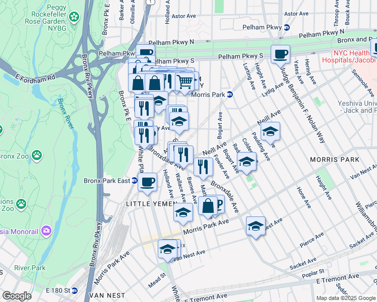 map of restaurants, bars, coffee shops, grocery stores, and more near 801 Neill Avenue in The Bronx