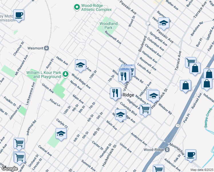 map of restaurants, bars, coffee shops, grocery stores, and more near 356 Highland Avenue in Wood-Ridge