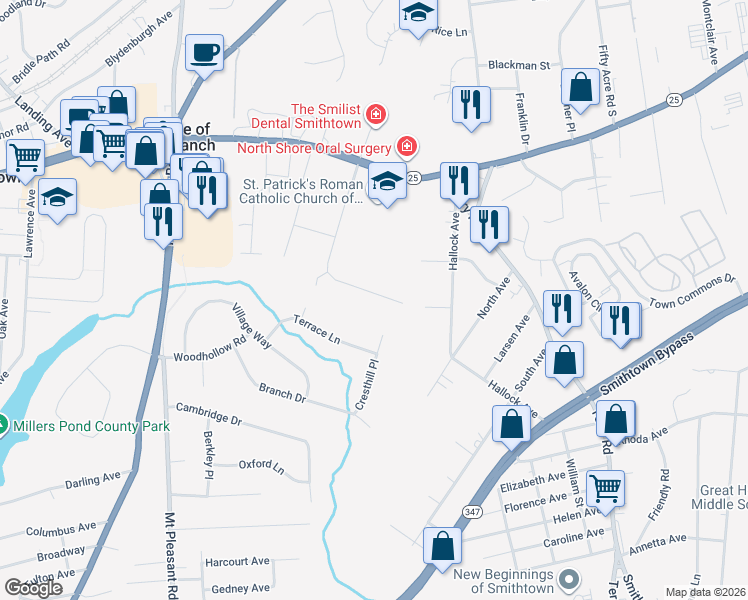 map of restaurants, bars, coffee shops, grocery stores, and more near 26 Hemlock Lane in Smithtown