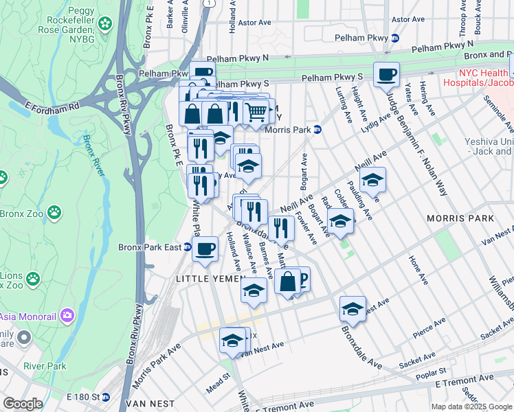 map of restaurants, bars, coffee shops, grocery stores, and more near 2030 Antin Place in The Bronx
