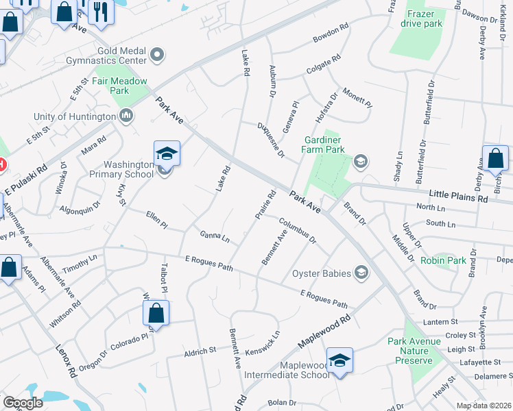 map of restaurants, bars, coffee shops, grocery stores, and more near 21 Prairie Road in Huntington Station