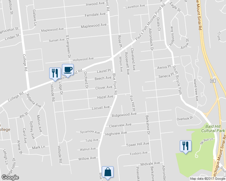 map of restaurants, bars, coffee shops, grocery stores, and more near 220 Blue Point Road in Farmingville