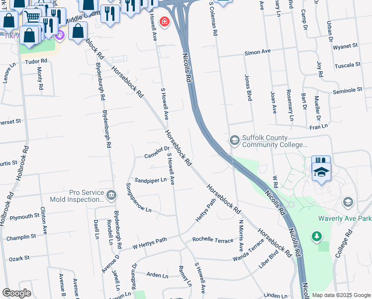 map of restaurants, bars, coffee shops, grocery stores, and more near 6 Carriage Lane in Centereach