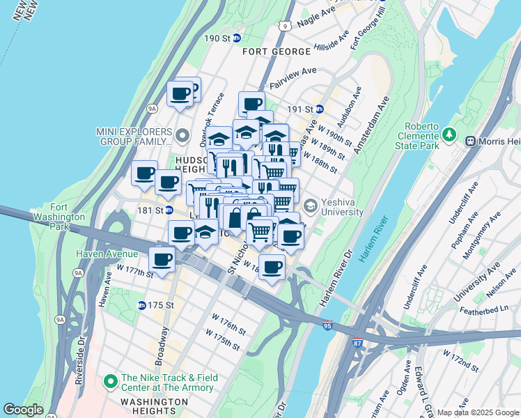 map of restaurants, bars, coffee shops, grocery stores, and more near 615 West 183rd Street in New York