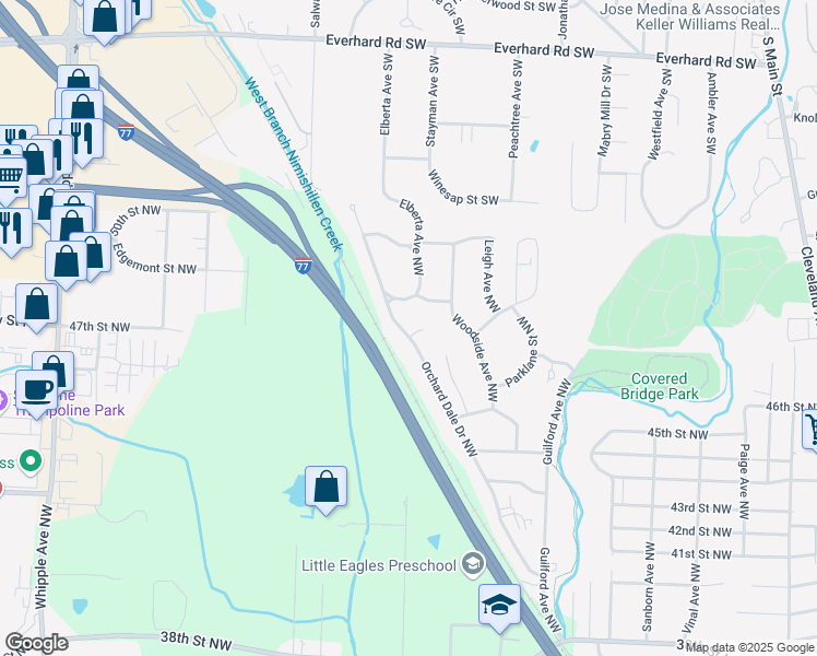 map of restaurants, bars, coffee shops, grocery stores, and more near 4660 Orchard Dale Drive Northwest in Canton
