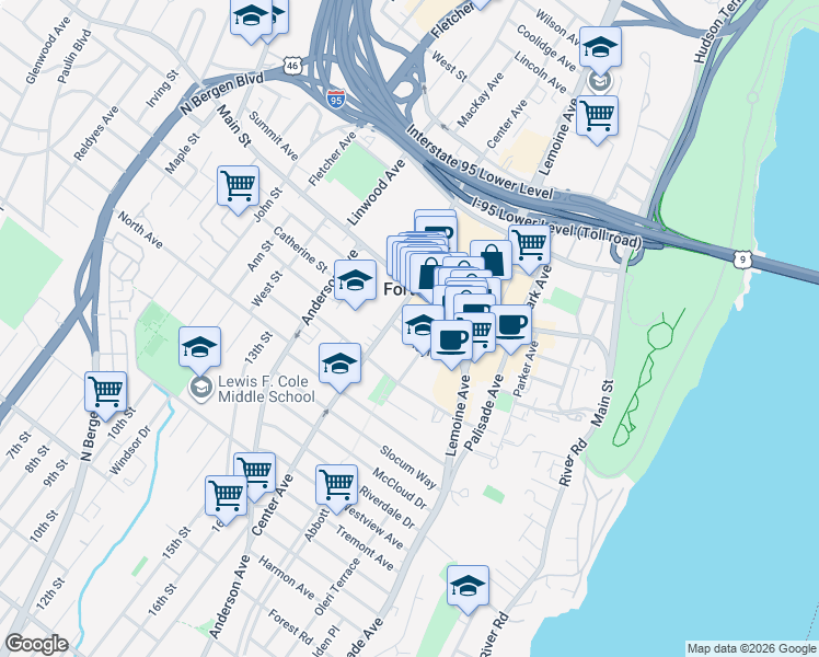 map of restaurants, bars, coffee shops, grocery stores, and more near 275 Hoym Street in Fort Lee