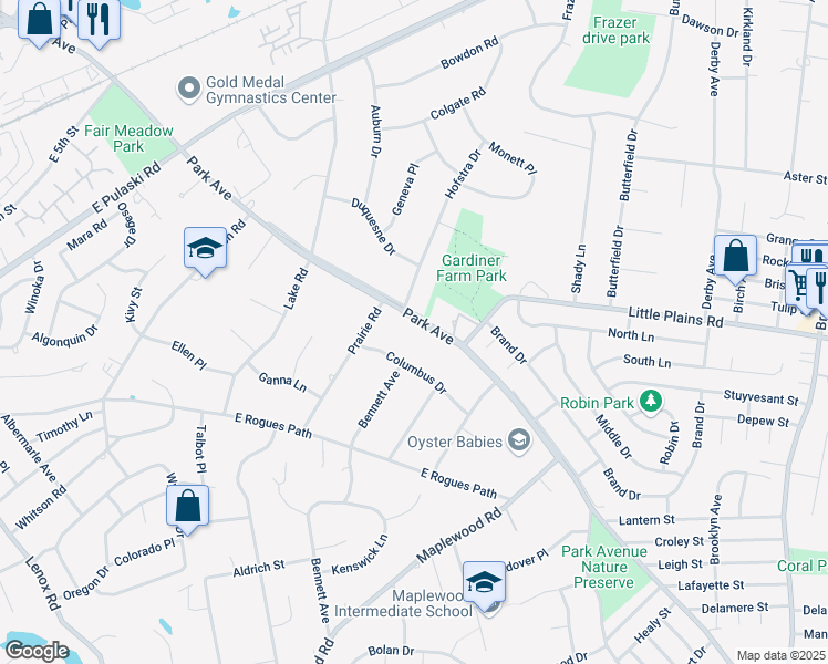 map of restaurants, bars, coffee shops, grocery stores, and more near 889 Park Avenue in Huntington