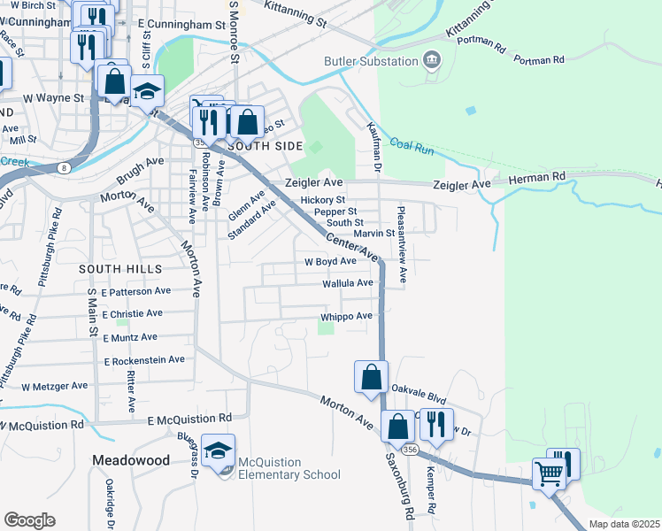 map of restaurants, bars, coffee shops, grocery stores, and more near 131 West Boyd Avenue in Butler