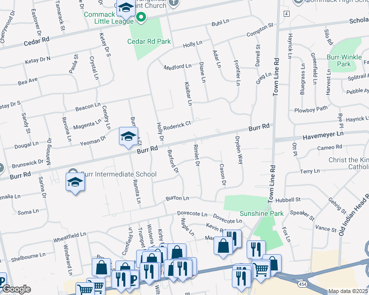 map of restaurants, bars, coffee shops, grocery stores, and more near 288 Burr Road in Commack