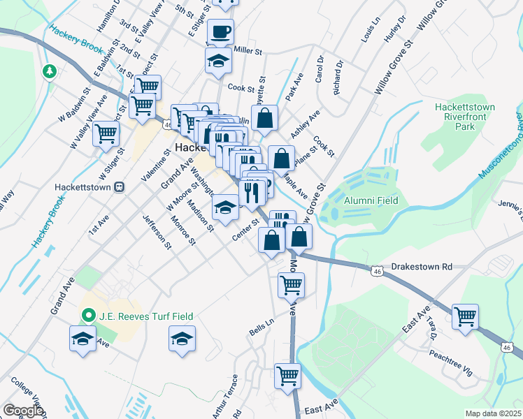 map of restaurants, bars, coffee shops, grocery stores, and more near 269 Main Street in Hackettstown