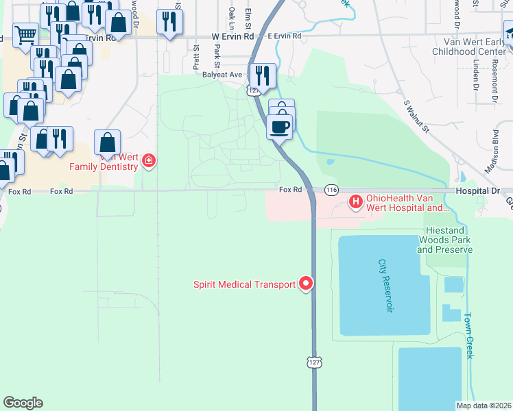 map of restaurants, bars, coffee shops, grocery stores, and more near 150 Fox Road in Van Wert