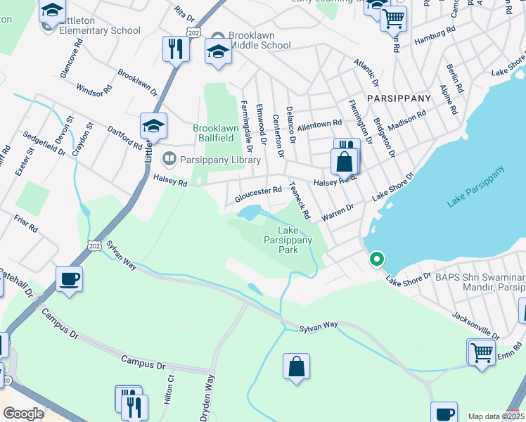 map of restaurants, bars, coffee shops, grocery stores, and more near 3 Elmwood Court in Parsippany-Troy Hills