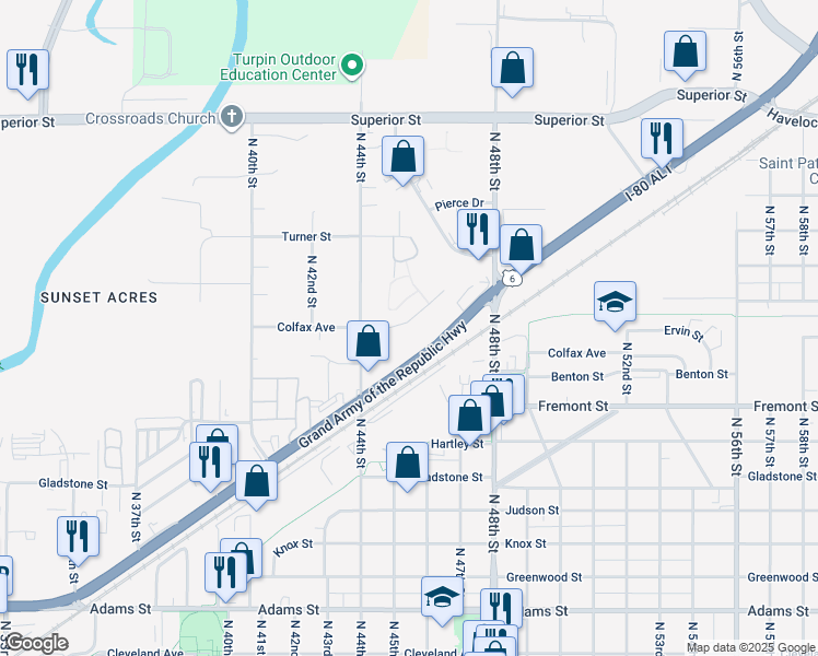 map of restaurants, bars, coffee shops, grocery stores, and more near 4521 Colfax Circle in Lincoln