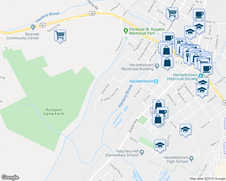 map of restaurants, bars, coffee shops, grocery stores, and more near 512 West Valley View Avenue in Hackettstown