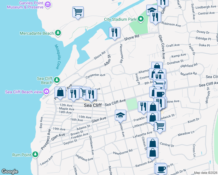 map of restaurants, bars, coffee shops, grocery stores, and more near 140 Carpenter Avenue in Sea Cliff