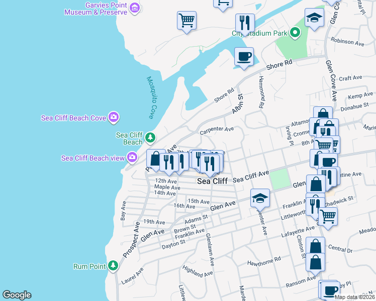 map of restaurants, bars, coffee shops, grocery stores, and more near 63 Park Way in Sea Cliff