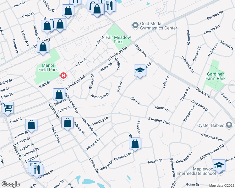 map of restaurants, bars, coffee shops, grocery stores, and more near 2 Kivy Street in Huntington Station