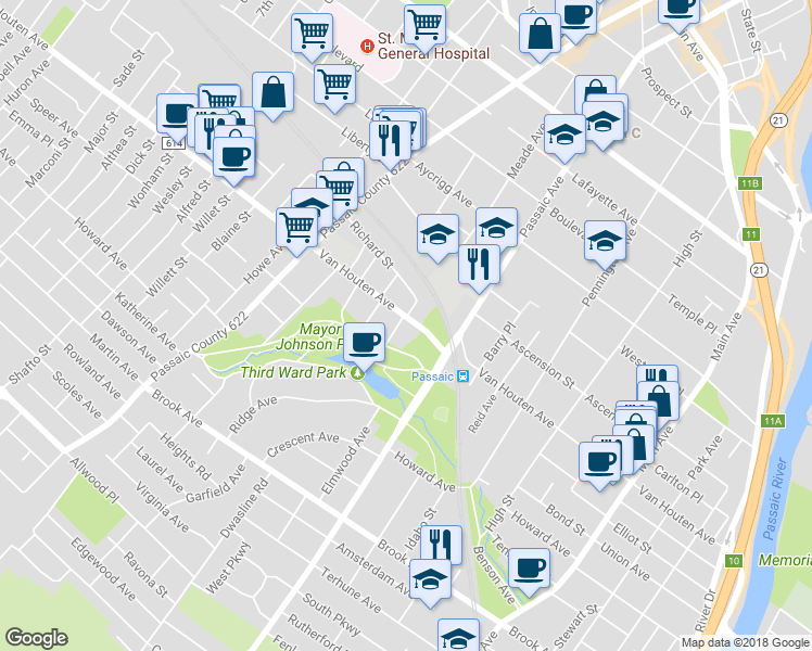 map of restaurants, bars, coffee shops, grocery stores, and more near 313 Van Houten Avenue in Passaic