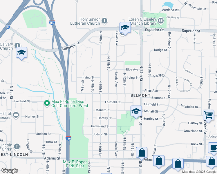 map of restaurants, bars, coffee shops, grocery stores, and more near North 11th Street in Lincoln