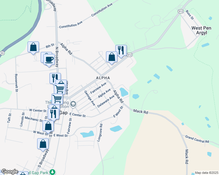 map of restaurants, bars, coffee shops, grocery stores, and more near 346 Alpha Avenue in Wind Gap