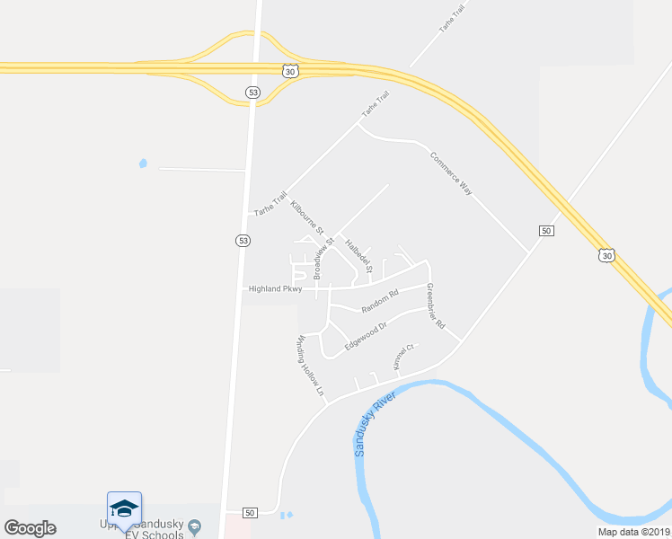 map of restaurants, bars, coffee shops, grocery stores, and more near 300 Highland Parkway in Upper Sandusky