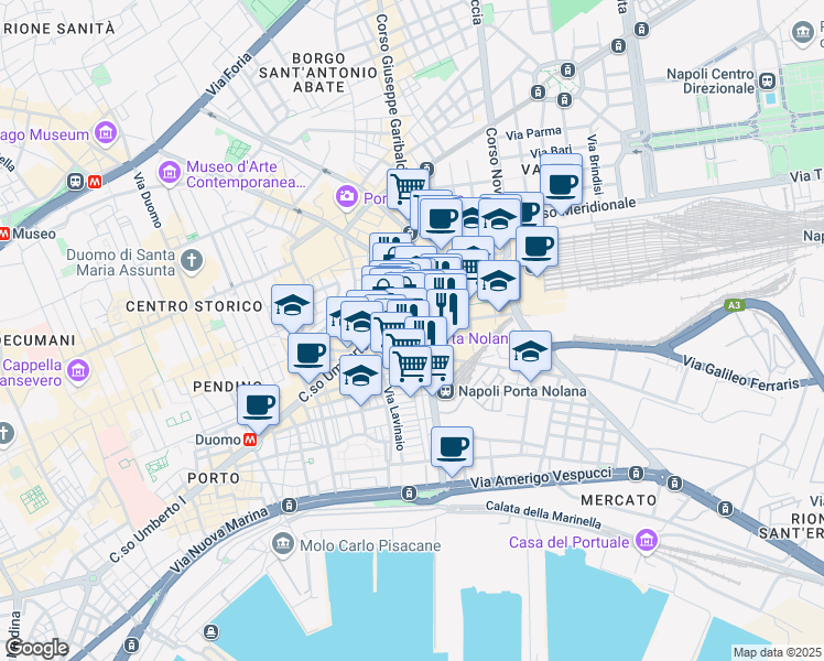 map of restaurants, bars, coffee shops, grocery stores, and more near 133 Via Cesare Carmignano in Napoli