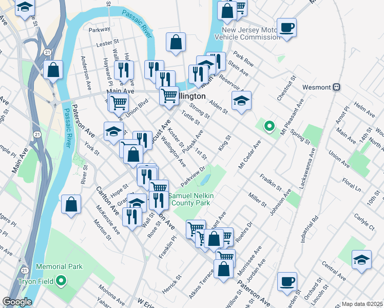 map of restaurants, bars, coffee shops, grocery stores, and more near 69 Koster Street in Wallington