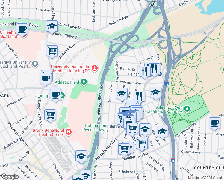 map of restaurants, bars, coffee shops, grocery stores, and more near 1944 Mulford Avenue in The Bronx