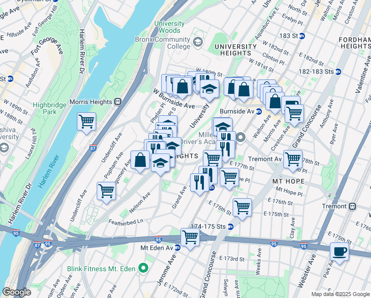 map of restaurants, bars, coffee shops, grocery stores, and more near 147 Morton Place in The Bronx