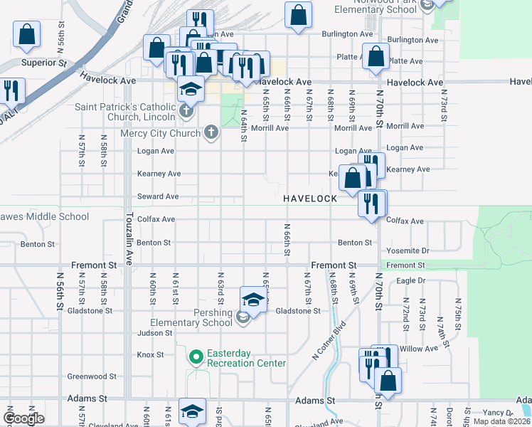 map of restaurants, bars, coffee shops, grocery stores, and more near 6500 Colfax Avenue in Lincoln