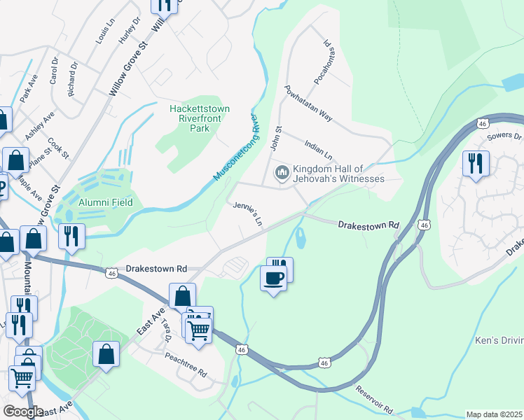 map of restaurants, bars, coffee shops, grocery stores, and more near 6 Jennie's Lane in Hackettstown