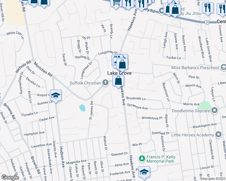 map of restaurants, bars, coffee shops, grocery stores, and more near 15 Country Lane in Lake Grove