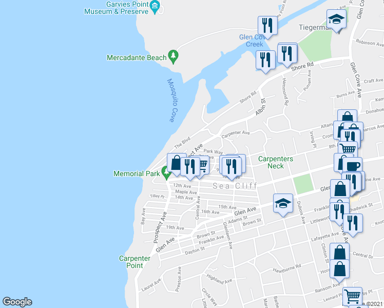 map of restaurants, bars, coffee shops, grocery stores, and more near 54 Prospect Avenue in Sea Cliff