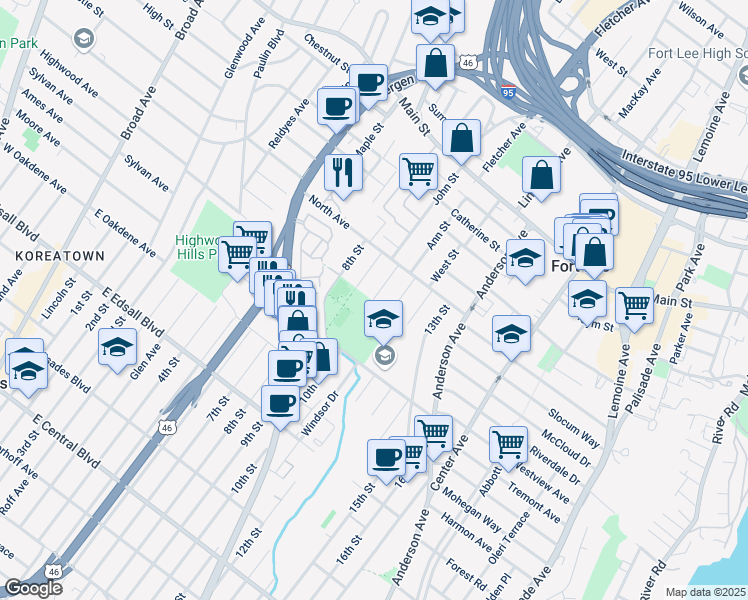 map of restaurants, bars, coffee shops, grocery stores, and more near 1503 10th Street in Fort Lee