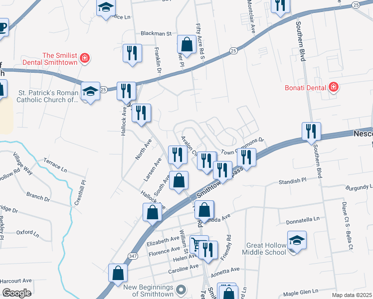 map of restaurants, bars, coffee shops, grocery stores, and more near 8 Avalon Circle in Smithtown