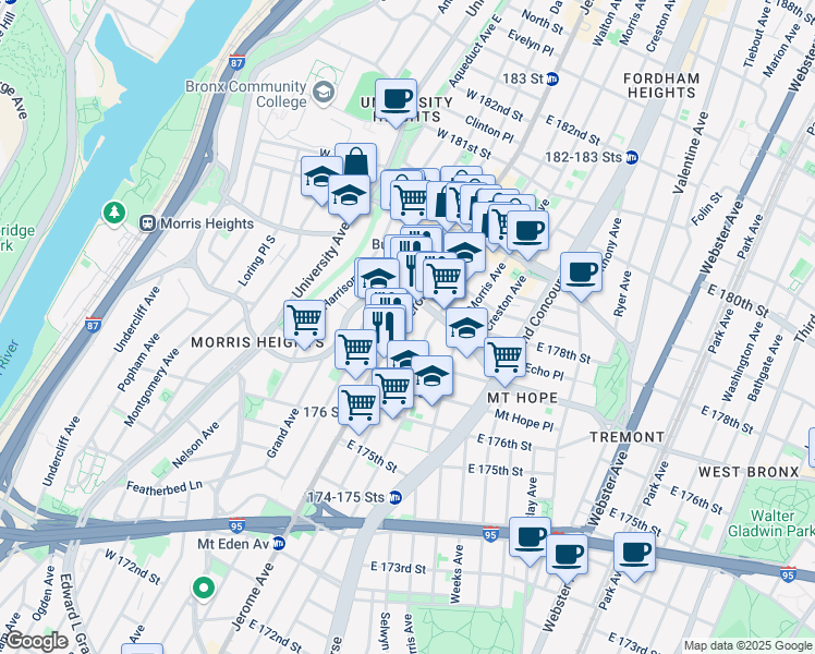 map of restaurants, bars, coffee shops, grocery stores, and more near 1942 Jerome Avenue in The Bronx