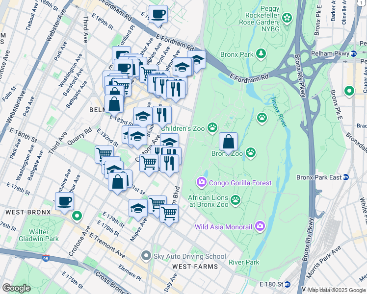 map of restaurants, bars, coffee shops, grocery stores, and more near 2311 Southern Boulevard in The Bronx