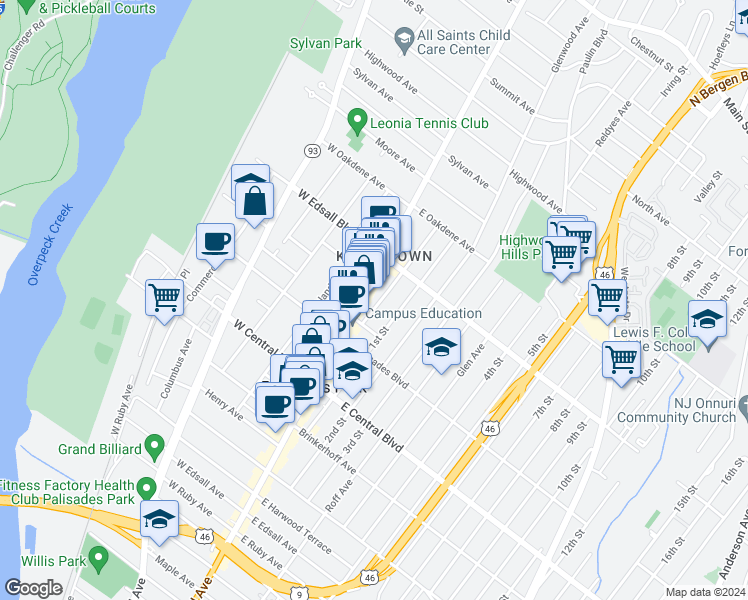 map of restaurants, bars, coffee shops, grocery stores, and more near 435 Lincoln Street in Palisades Park